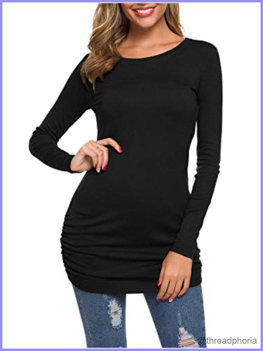 Women's Long Sleeve Slim Fit Crew Neck Ruched Tunic Top T-Shirt Dress